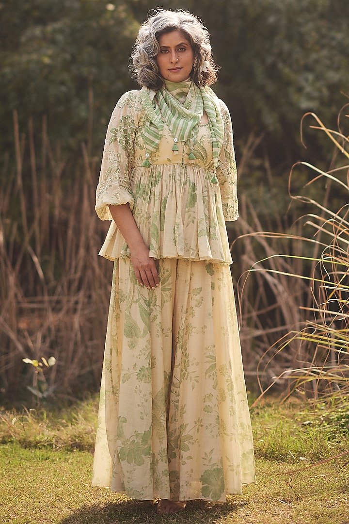 Pista Green & Ivory Malai Chanderi Printed Palazzo Set by Paulmi & Harsh at Pernia's Pop Up Shop