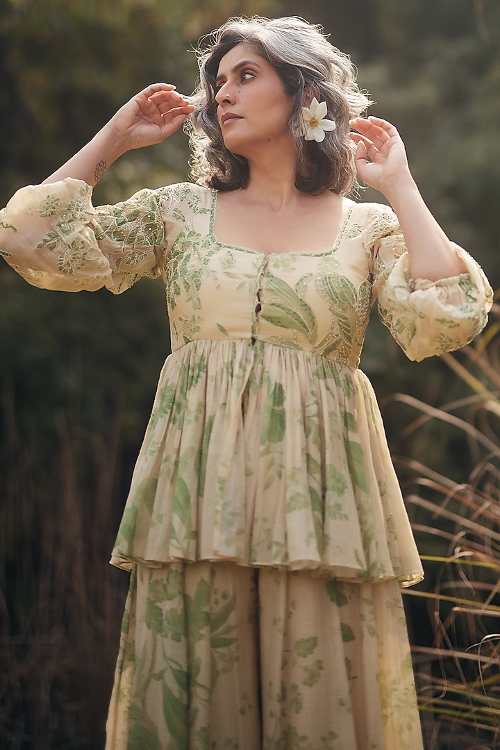 Pista Green & Ivory Malai Chanderi Printed Palazzo Set by Paulmi & Harsh at Pernia's Pop Up Shop