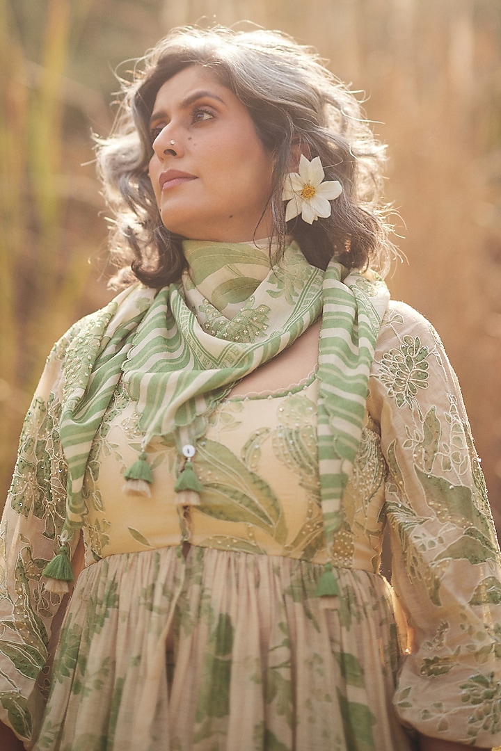 Pista Green & Ivory Malai Chanderi Printed Palazzo Set by Paulmi & Harsh at Pernia's Pop Up Shop