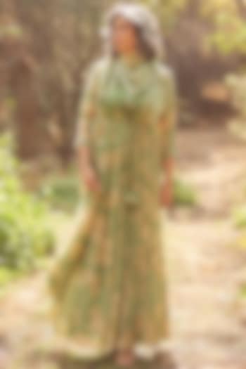 Forest Green Malai Chanderi Printed Maxi Vacation Dress by Paulmi & Harsh at Pernia's Pop Up Shop