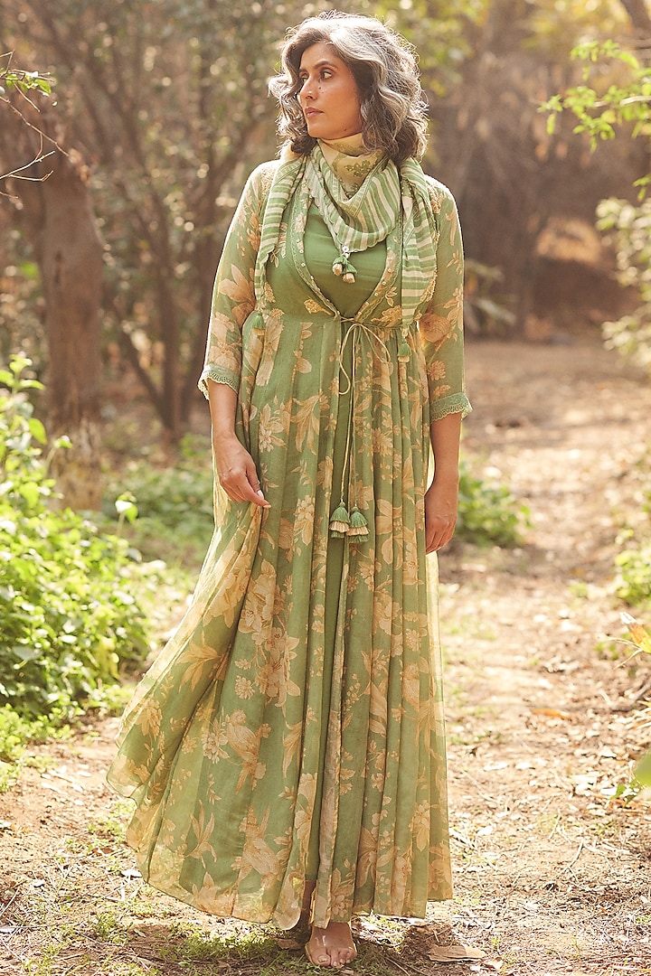 Forest Green Malai Chanderi Printed Maxi Vacation Dress by Paulmi & Harsh at Pernia's Pop Up Shop