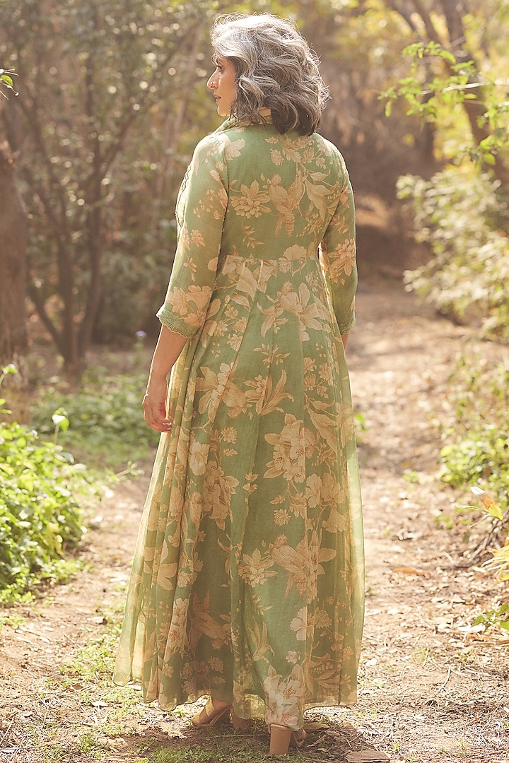 Forest Green Malai Chanderi Printed Maxi Vacation Dress by Paulmi & Harsh at Pernia's Pop Up Shop