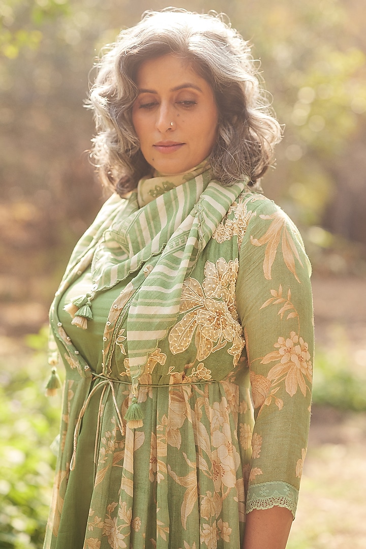 Forest Green Malai Chanderi Printed Maxi Vacation Dress by Paulmi & Harsh at Pernia's Pop Up Shop