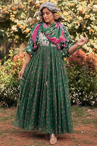 Fern Green Malai Chanderi Printed Maxi Dress by Paulmi & Harsh