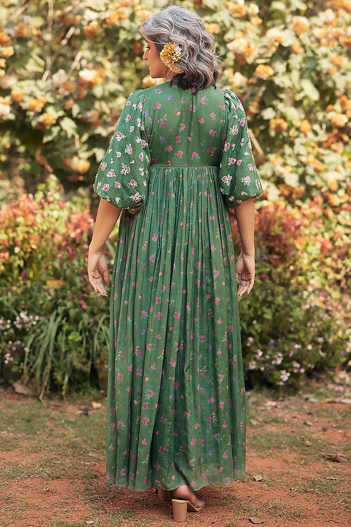Fern Green Malai Chanderi Printed Maxi Vacation Dress by Paulmi & Harsh at Pernia's Pop Up Shop