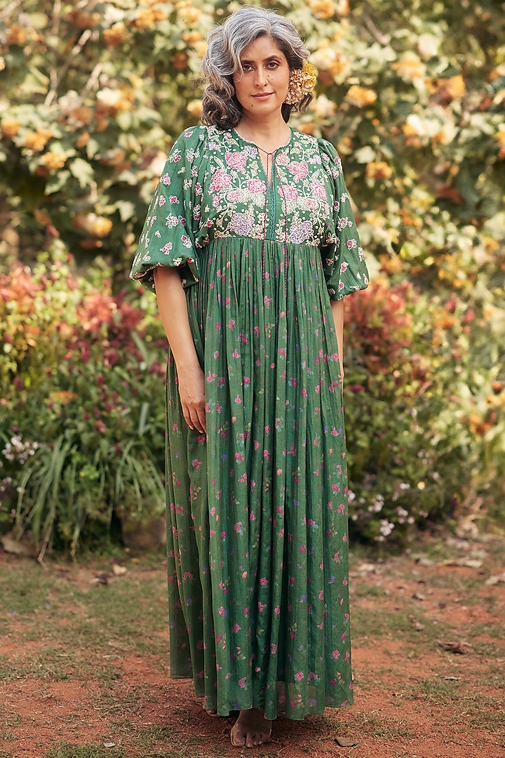 Fern Green Malai Chanderi Printed Maxi Vacation Dress by Paulmi & Harsh at Pernia's Pop Up Shop
