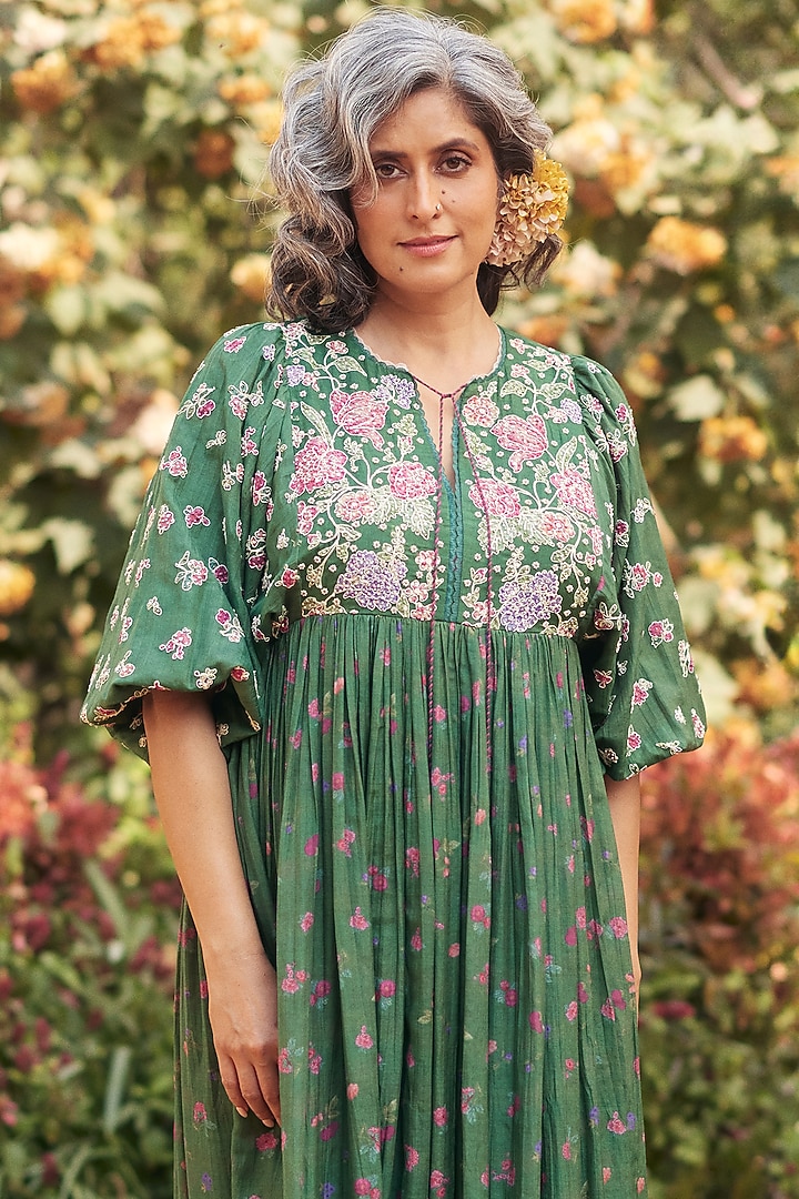 Fern Green Malai Chanderi Printed Maxi Vacation Dress by Paulmi & Harsh at Pernia's Pop Up Shop