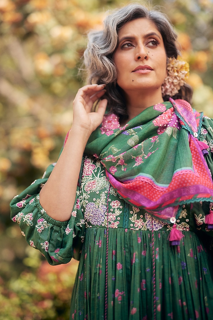 Fern Green Malai Chanderi Printed Maxi Vacation Dress by Paulmi & Harsh at Pernia's Pop Up Shop