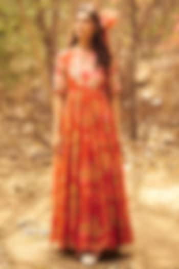 Red-Orange Malai Chanderi Printed Maxi Vacation Dress by Paulmi & Harsh at Pernia's Pop Up Shop