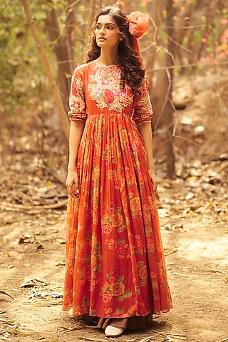 Red-Orange Malai Chanderi Printed Maxi Dress by Paulmi & Harsh