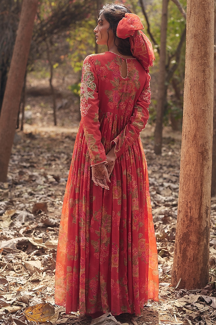 Red-Orange Malai Chanderi Printed Maxi Vacation Dress by Paulmi & Harsh at Pernia's Pop Up Shop