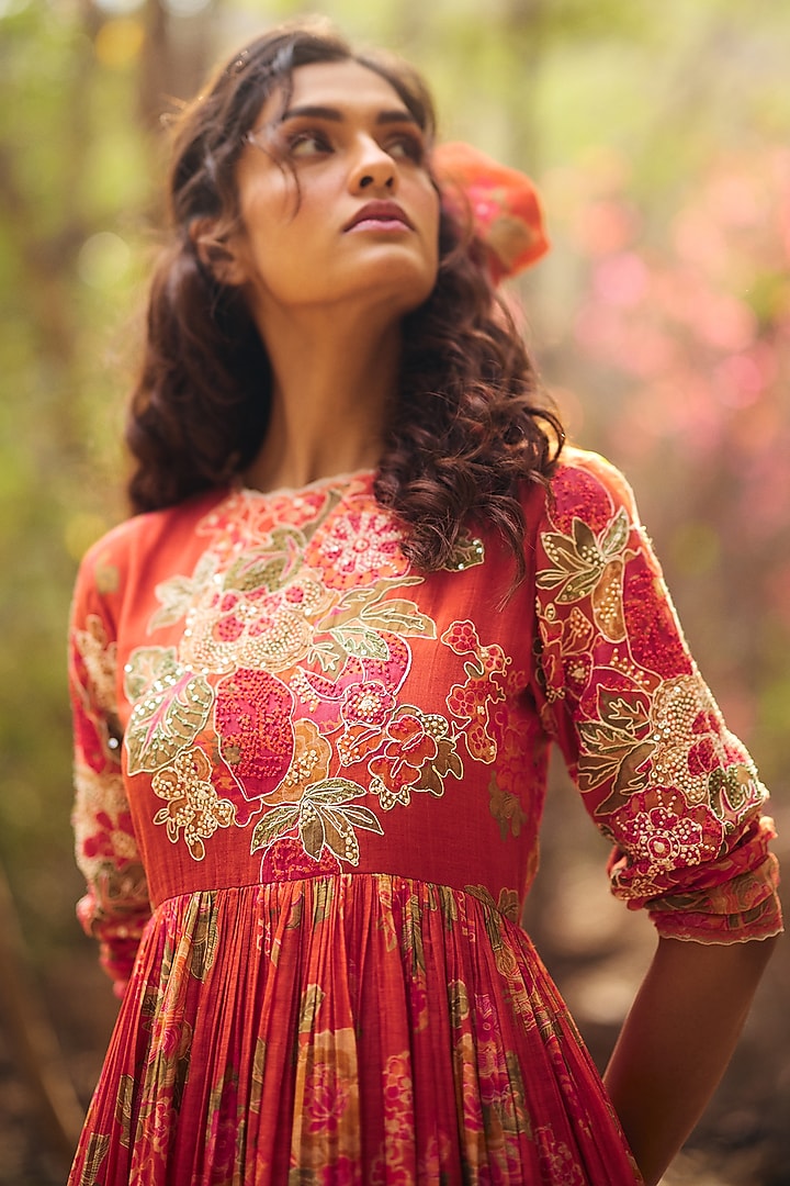 Red-Orange Malai Chanderi Printed Maxi Vacation Dress by Paulmi & Harsh at Pernia's Pop Up Shop