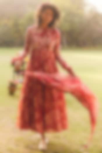 Crimson Red Malai Chanderi Printed Maxi Vacation Dress by Paulmi & Harsh at Pernia's Pop Up Shop