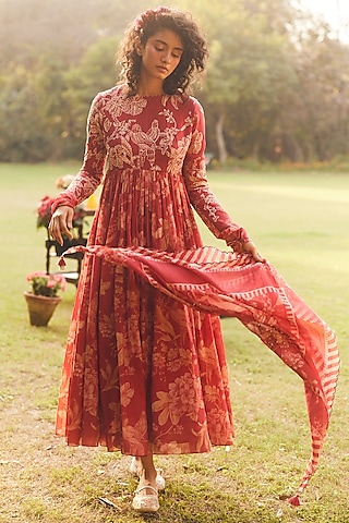 Crimson Red Malai Chanderi Printed Maxi Dress by Paulmi & Harsh