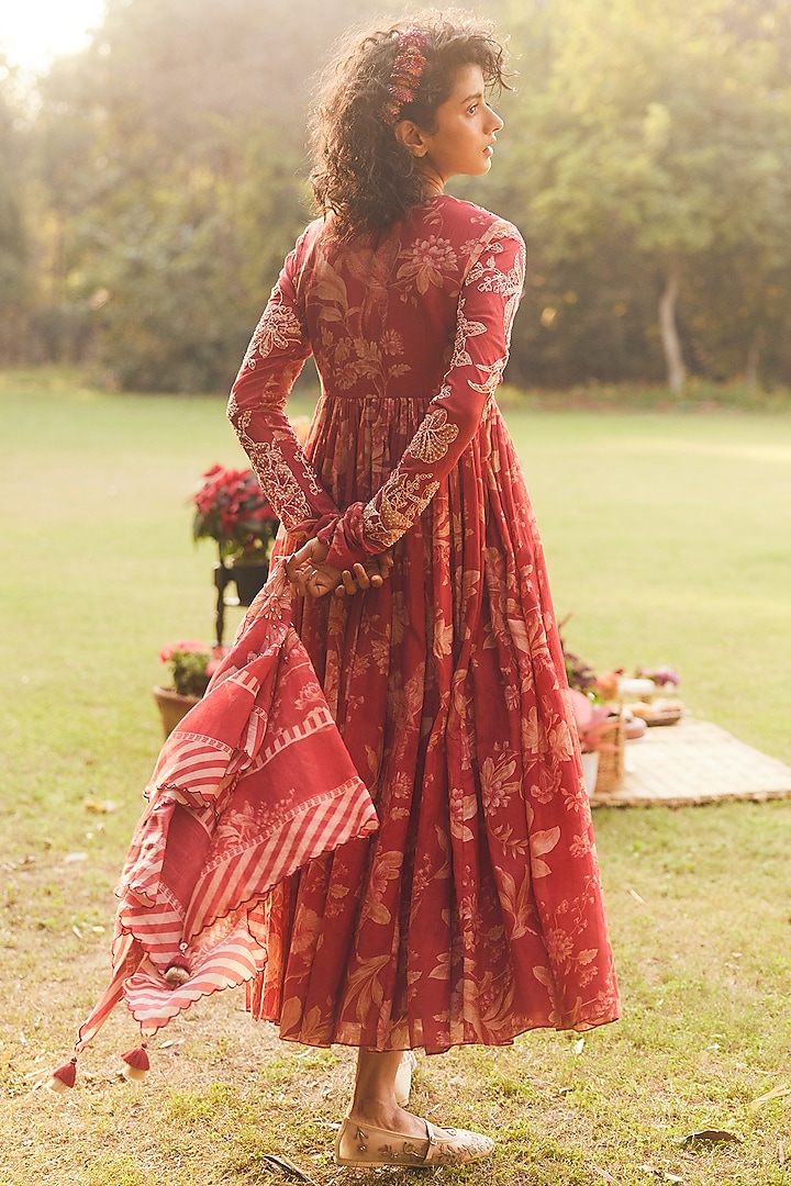 Crimson Red Malai Chanderi Printed Maxi Vacation Dress by Paulmi & Harsh at Pernia's Pop Up Shop