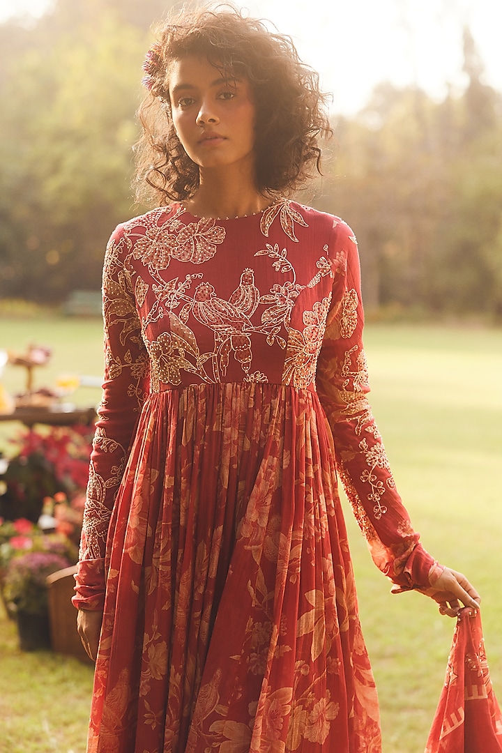 Crimson Red Malai Chanderi Printed Maxi Vacation Dress by Paulmi & Harsh at Pernia's Pop Up Shop