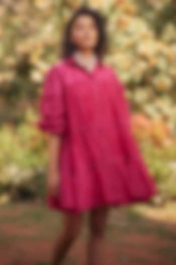 Hot Pink Silk Organza Jaal Cutwork Mini Vacation Dress by Paulmi & Harsh at Pernia's Pop Up Shop