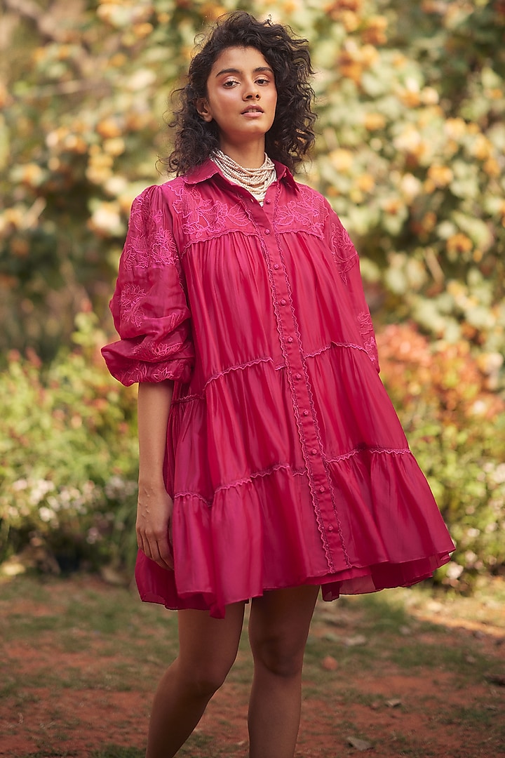 Hot Pink Silk Organza Jaal Cutwork Mini Vacation Dress by Paulmi & Harsh at Pernia's Pop Up Shop