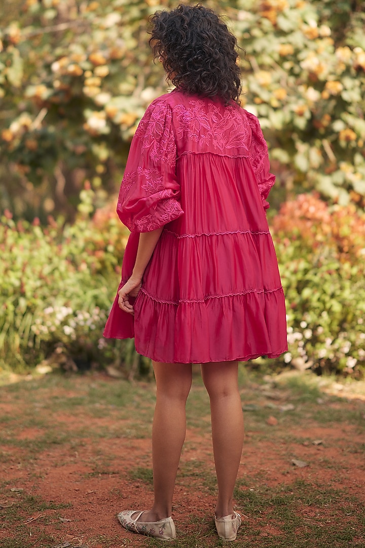 Hot Pink Silk Organza Jaal Cutwork Mini Vacation Dress by Paulmi & Harsh at Pernia's Pop Up Shop