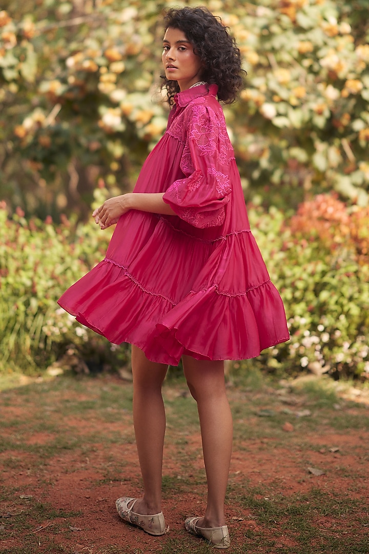 Hot Pink Silk Organza Jaal Cutwork Mini Vacation Dress by Paulmi & Harsh at Pernia's Pop Up Shop