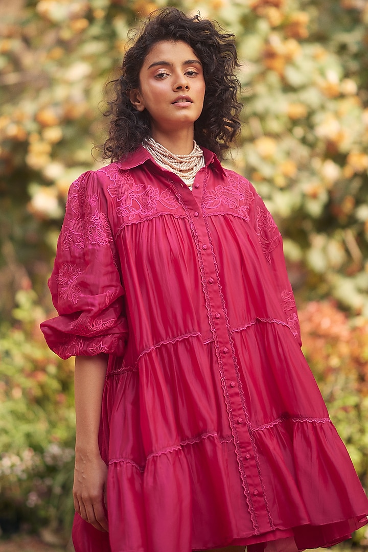 Hot Pink Silk Organza Jaal Cutwork Mini Vacation Dress by Paulmi & Harsh at Pernia's Pop Up Shop