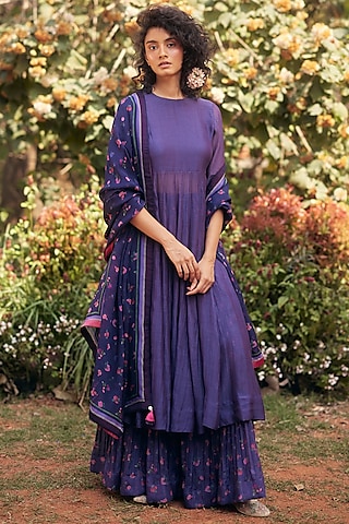 Grape Purple Malai Chanderi Anarkali Set by Paulmi & Harsh