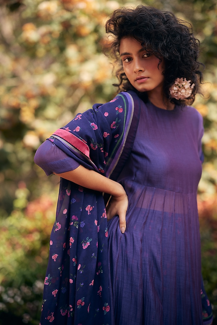 Grape Purple Malai Chanderi Party Wear Anarkali Set by Paulmi & Harsh at Pernia's Pop Up Shop