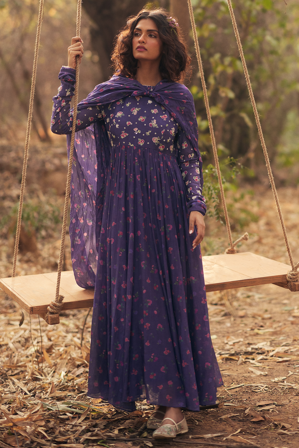 Grape Purple Malai Chanderi Printed Party Wear Anarkali Set by Paulmi & Harsh at Pernia's Pop Up Shop