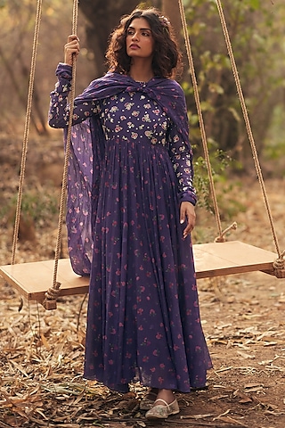 Grape Purple Malai Chanderi Printed Anarkali Set by Paulmi & Harsh