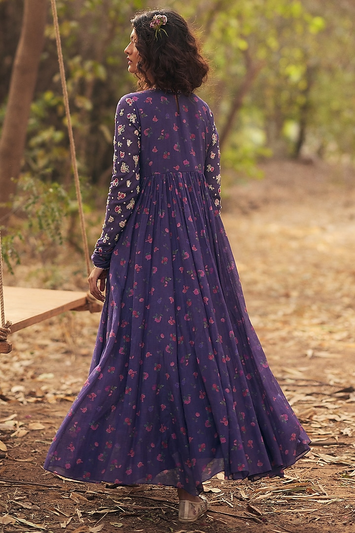 Grape Purple Malai Chanderi Printed Party Wear Anarkali Set by Paulmi & Harsh at Pernia's Pop Up Shop