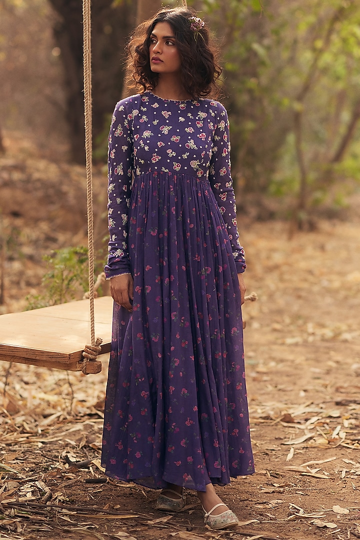 Grape Purple Malai Chanderi Printed Party Wear Anarkali Set by Paulmi & Harsh at Pernia's Pop Up Shop