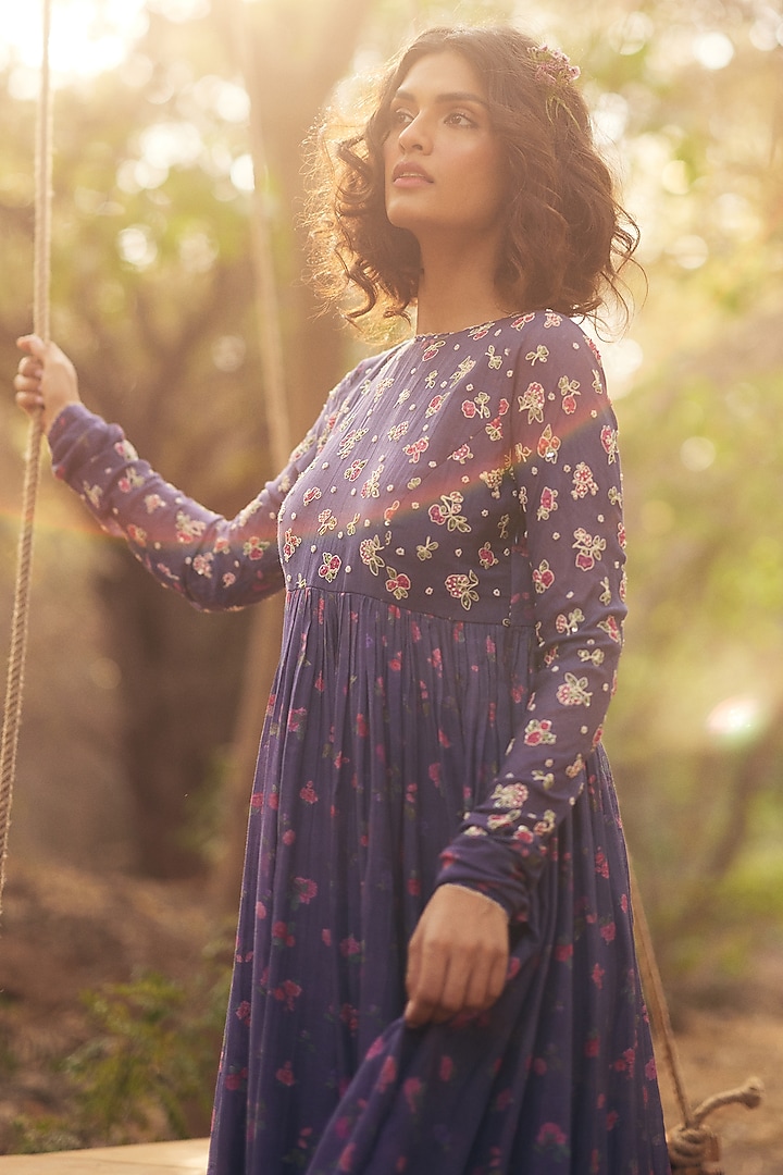 Grape Purple Malai Chanderi Printed Party Wear Anarkali Set by Paulmi & Harsh at Pernia's Pop Up Shop