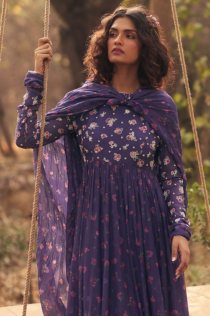 Grape Purple Malai Chanderi Printed Party Wear Anarkali Set by Paulmi & Harsh at Pernia's Pop Up Shop