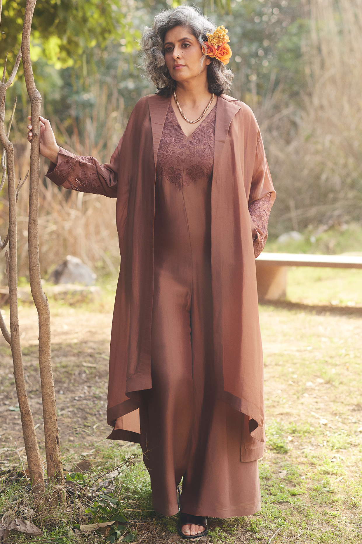 Mocha Brown Silk Organza Embroidered Jumpsuit With Jacket by Paulmi & Harsh at Pernia's Pop Up Shop