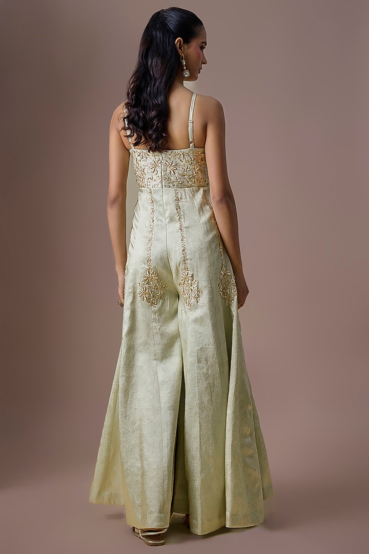 Sea Blue Jamawar Silk Embroidered Jumpsuit by Paulmi & Harsh at Pernia's Pop Up Shop