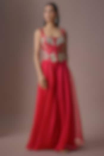 Red Chiniya Silk & Organza Embellished Palazzo Set by Paulmi & Harsh at Pernia's Pop Up Shop