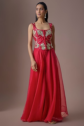 Red Chiniya Silk & Organza Embellished Palazzo Set by Paulmi & Harsh