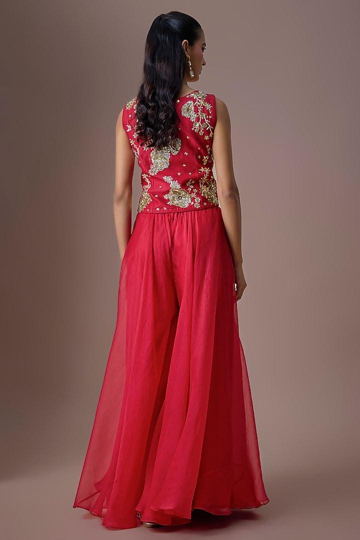 Red Chiniya Silk & Organza Embellished Palazzo Set by Paulmi & Harsh at Pernia's Pop Up Shop