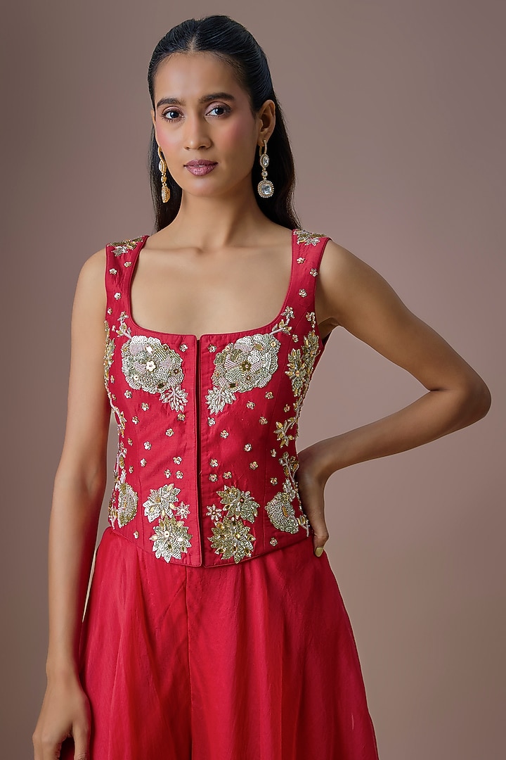 Red Chiniya Silk & Organza Embellished Palazzo Set by Paulmi & Harsh at Pernia's Pop Up Shop