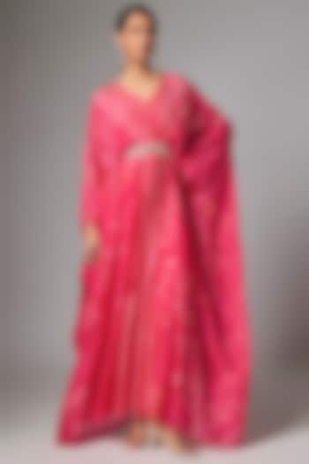 Hot Pink Silk Organza Embroidered & Digital Printed Kaftan by Paulmi & Harsh at Pernia's Pop Up Shop
