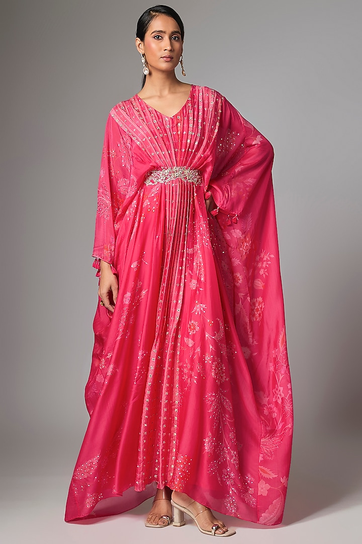Hot Pink Silk Organza Embroidered & Digital Printed Kaftan by Paulmi & Harsh at Pernia's Pop Up Shop