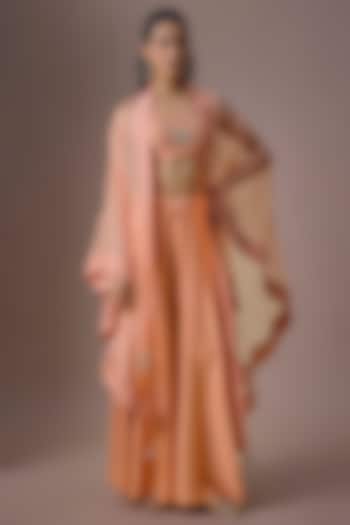 Peach Organza Embroidered Cape Set by Paulmi & Harsh at Pernia's Pop Up Shop