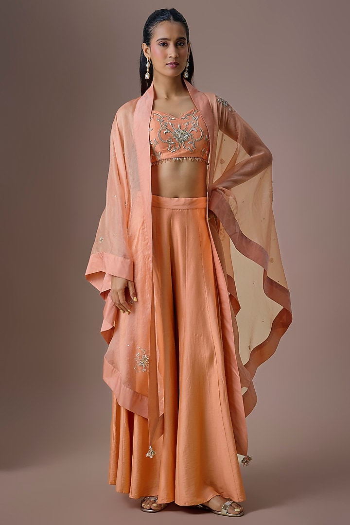 Peach Organza Embroidered Cape Set by Paulmi & Harsh at Pernia's Pop Up Shop