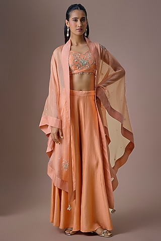 Peach Organza Embroidered Cape Set by Paulmi & Harsh