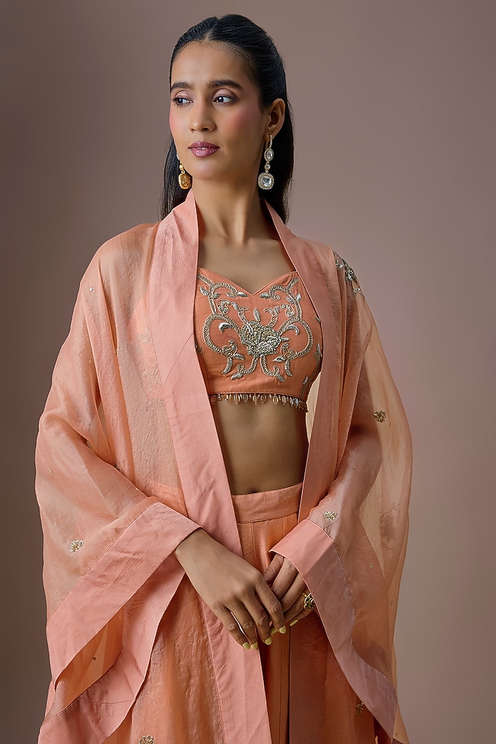 Peach Organza Embroidered Cape Set by Paulmi & Harsh at Pernia's Pop Up Shop