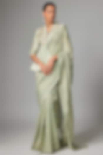 Ice Blue Tissue Zardosi Embroidered Wedding Saree Set by Paulmi & Harsh at Pernia's Pop Up Shop