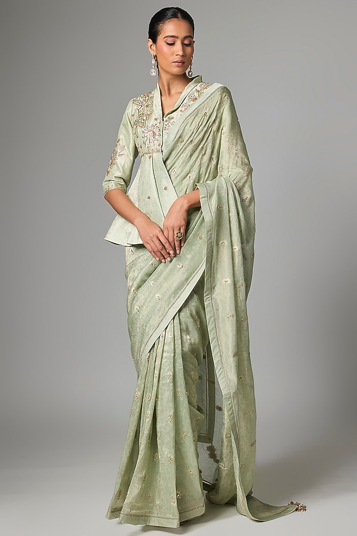 Ice Blue Tissue Zardosi Embroidered Wedding Saree Set by Paulmi & Harsh at Pernia's Pop Up Shop