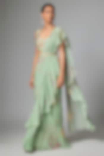 Sea Green Chiffon Pre-Draped Wedding Saree Set by Paulmi & Harsh at Pernia's Pop Up Shop