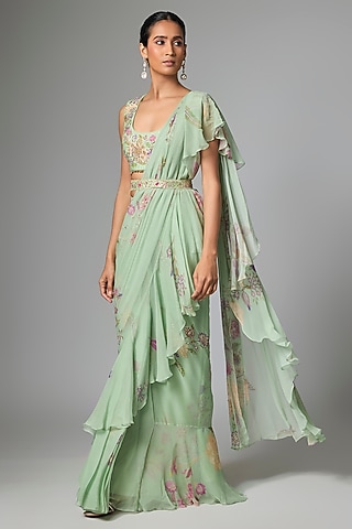 Sea Green Chiffon Pre-Draped Saree Set by Paulmi & Harsh