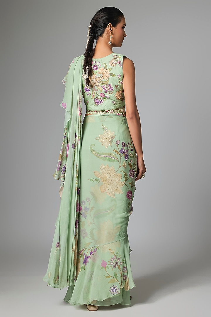Sea Green Chiffon Pre-Draped Wedding Saree Set by Paulmi & Harsh at Pernia's Pop Up Shop